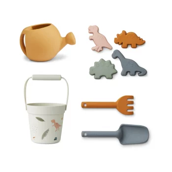 CHILDREN’S SILICONE BEACH AND GARDEN SET The Florence Beach and Garden Set guarantees hours of fun and strengthens your little one’s fine motor skills whether in the garden, at the beach or the pool and is ideal to bring along on holidays. ABOUT • Material: 100% silicone • Durable, soft and long-lasting material • Easy to clean • The set includes: Bucket with handle, shovel, rake, watering can and four moulds • CE marked DETAILS Dimensions: Bucket: D 15 cm H 14 cm Shovel: W 7 cm L 23 cm Rake: W 6.5 cm L 17 cm Watering can: D 6.5 cm H 11 cm W 18 cm C 500 ml Dino / Rose and Faune Green: W 14 cm D 2.5 cm Dino / Blue Wave: W 16 cm D 2.5 cm Dino / Mustard: W 13 cm D 2.5 cm