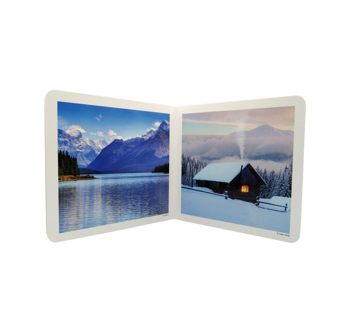 Libro de fotografías de paisajes y elementos relacionados con la montaña. Se incluyen diez fotografías de: pico (portada), río, rebeco, excursionistas, sendero, lago, cabaña, cascada, pastoreo, valle y cordillera.